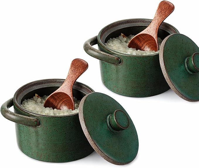 Honeydak Speckled Ceramic Salt Cellar with Lid and Wooden Spoon, Rustic Farmhouse Salt Pepper Cellar for Valentines Day,Housewarming Gift, Heavyweight Spices Container (Green,2 Set)