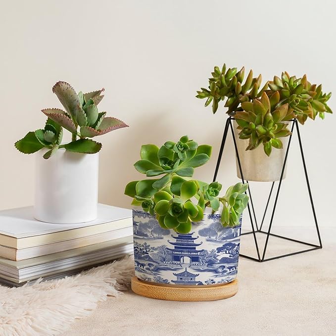 Chinoiserie Blue Asian Planters Ceramic Chinoiserie Chic Asian Round Plant Pot with Drainage Holes and Bamboo Tray Pot for Pots Outdoor Indoor Plants