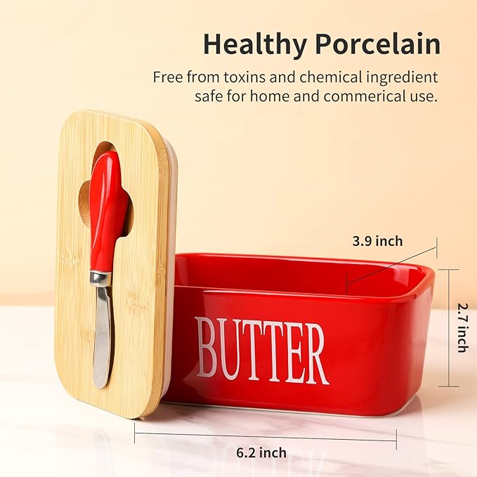 Hasense Butter Dish with Lid and Knife For Countertop, Large Butter Keeper Container with Stainless Steel Knife Spreader for Counter, Airtight Butter Holder with Cover for Kitchen, Christmas gift, Red
