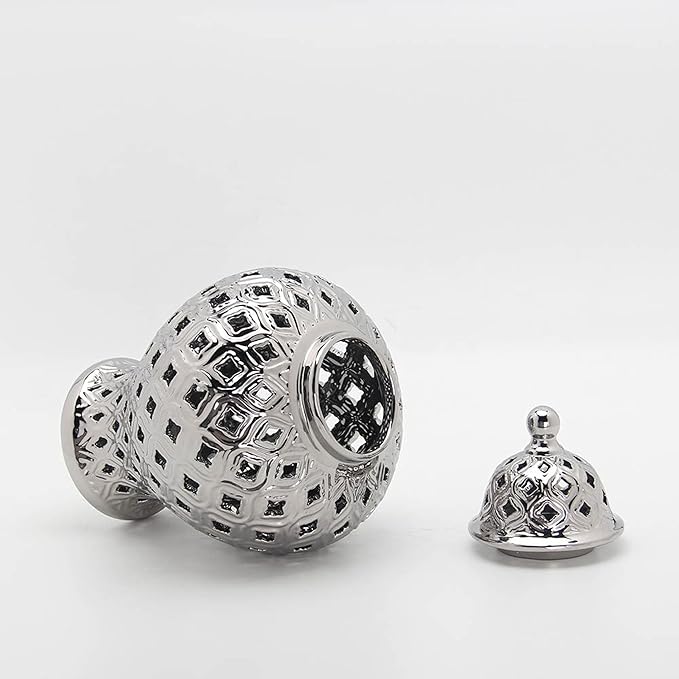 Noori Home - 100% Modern Glam Artisan Ceramic AVA Small Silver Ginger Jar Urns with Lid 8x8x13