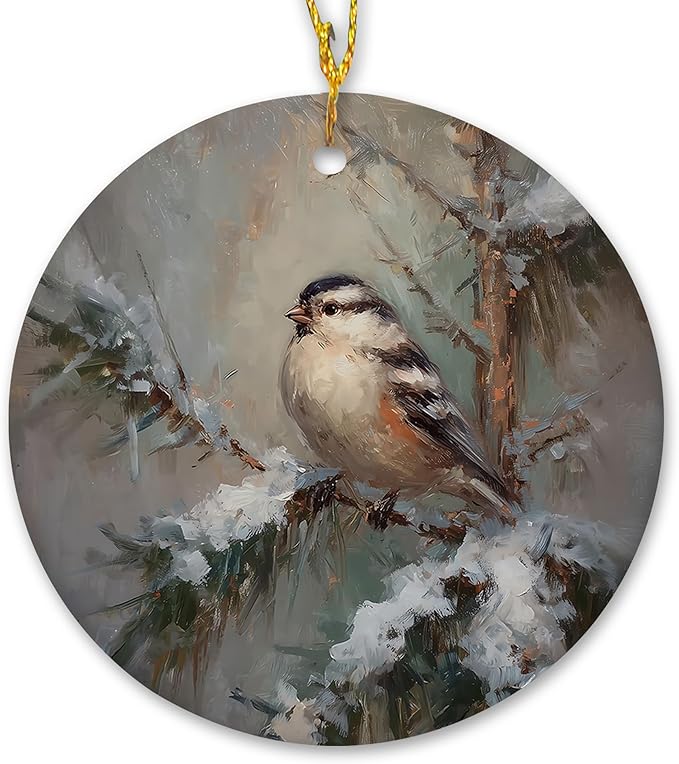 Vintage Rustic Winter Bird Ceramic Ornament Gifts, Farmhouse Christmas Snowy Forest Bird Decorative Hanging Ornaments for Xmas Tree Holiday Party Decoration, Winter Xmas Tree Decorations