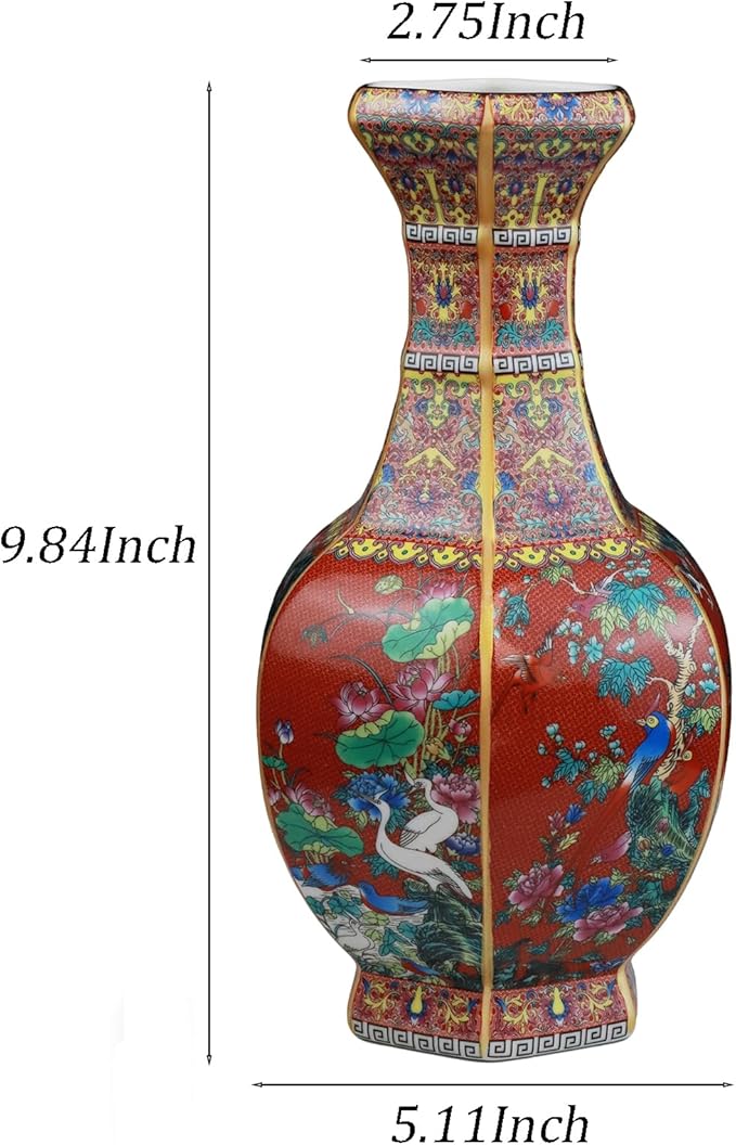 Ceramic Vase - 9.84 Inch Hexagonal Enamel Red Floral Vase with Phoenix Pattern, Chinese Home Decor for Living Room, Gift for Hosewarming