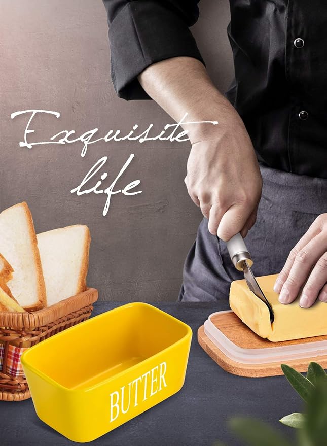 Butter Dish with Lid, Home Decor, Large Butter Dish for Countertop Ceramic Butter Keeper Container with Knife and High Quality Silicone Sealing Butter Box Good Kitchen Gift Yellow
