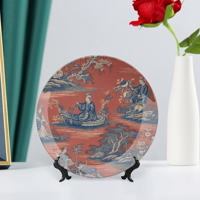 Cheng Toile Dynasty Red Chinoiserie Ceramic Decorative Plate of 6", 7", 9", 10", Personalized Hanging Decorative Tiles, Display Household Decorations Office, with Vertical Stand