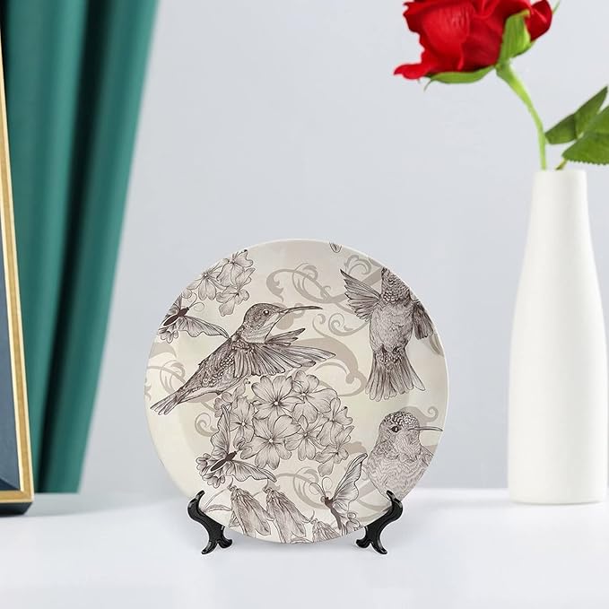 XISUNYA 10 Inch Decorative Plate, Hummingbirds Porcelain Plate, Birds and Flowers Monochromic Classical Print Ornament Display Plate Handmade Plate Wedding Christmas Thankgiving Gifts