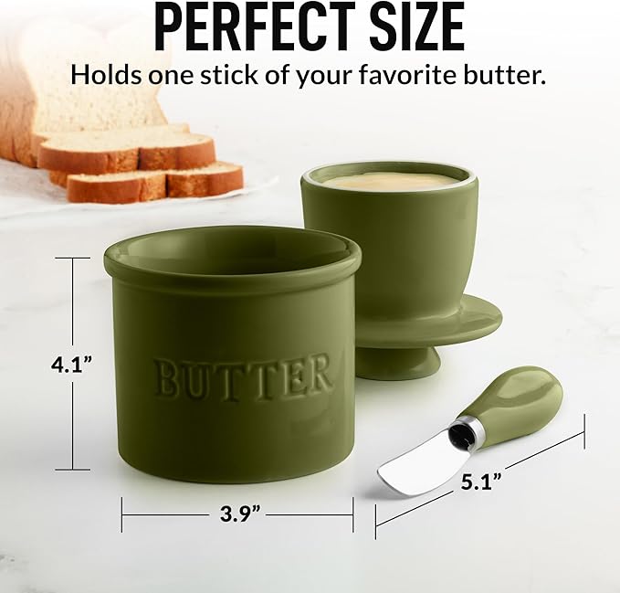 Zulay Kitchen Bell Shaped Butter Crock with Lid for Countertop with Water Line & Spreader Knife, Ceramic French Butter Dish Keeper For Fresh, Soft & Spreadable Butter - Cypress Green