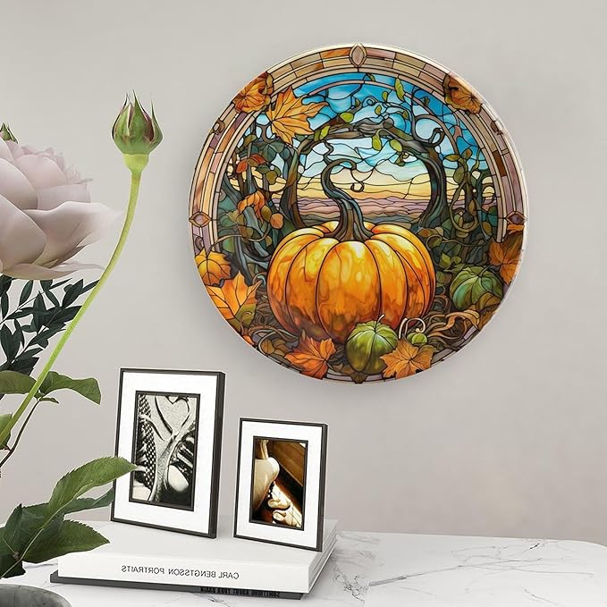 Decorative Plates, Fall Maple & Pumpkin Stained Glass Design Ceramic Dinner Plate Home Wobble-Plate with Display Stand, Wall Hanging Decor for Kitchen Household 8 Inch, Gifts for Thanksgiving