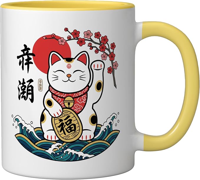 Cat Japanese Lucky Maneki Cat, Lucky Cat With & Bloss Ceramic Mug, Yellow/White