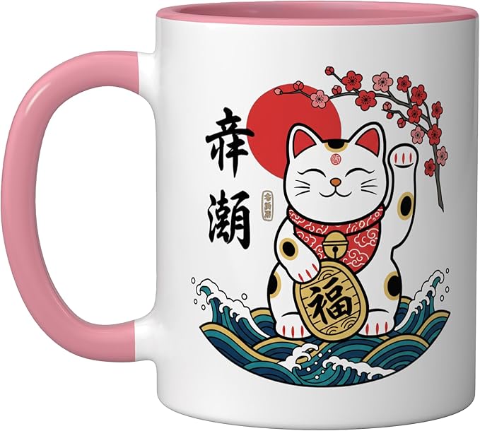 Cat Japanese Lucky Maneki Cat, Lucky Cat With & Bloss Ceramic Mug, Pink/White