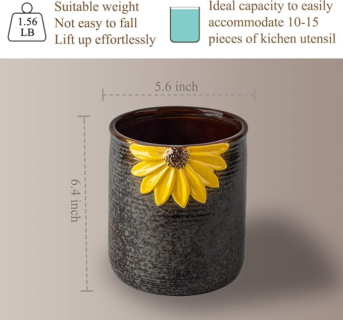 Utensil Crock, Kitchen Utensil Holder, Ceramic Utensil Holder for Countertop, Cooking Utensil Holder for Kitchen Sunflower Decor Large Kitchen Spatula Holder
