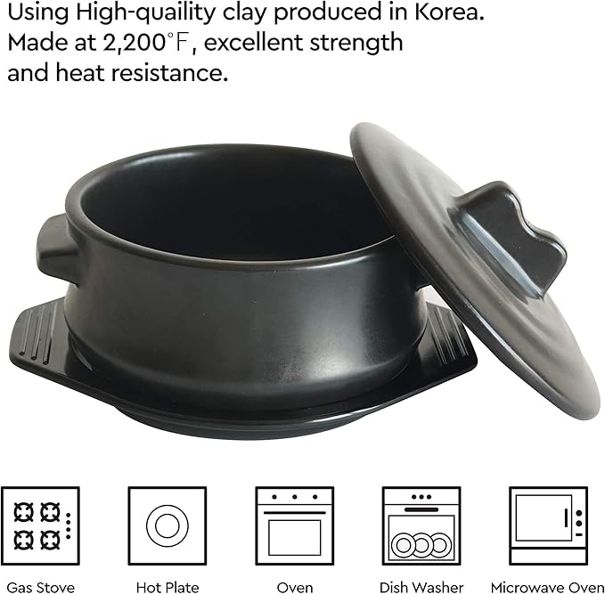 Korean Stone pot with Lid & Platter, Clay Pot for Cooking Hot Pot Dolsot Bibimbap and Soup Cookware