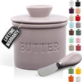 Zulay Kitchen Bell Shaped Butter Crock with Lid for Countertop with Water Line & Spreader Knife, Ceramic French Butter Dish Keeper For Fresh, Soft & Spreadable Butter - Violet Dusk