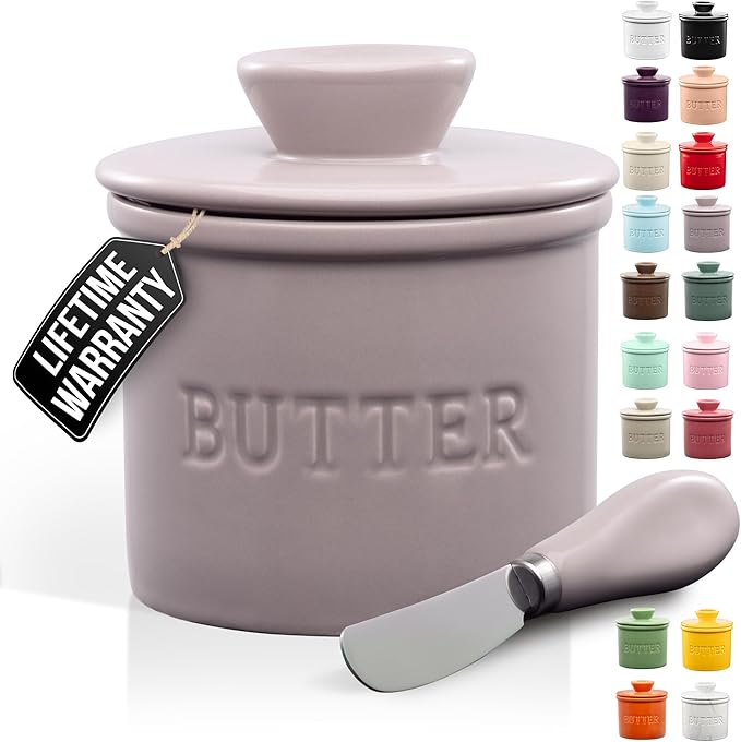 Zulay Kitchen Bell Shaped Butter Crock with Lid for Countertop with Water Line & Spreader Knife, Ceramic French Butter Dish Keeper For Fresh, Soft & Spreadable Butter - Violet Dusk