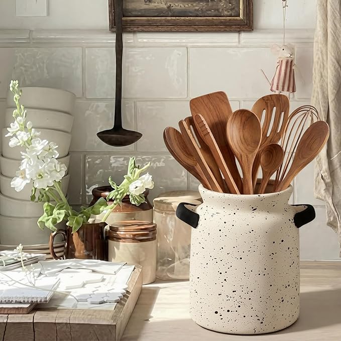 Qinyoung Rustic Kitchen Utensil Holder 6 Inch Small Ceramic Utensil Holder with Handle Vintage Crock Decoration Spatula Organizer for Kitchen Countertop Farmhouse Party Supplies(Beige,Speckled)