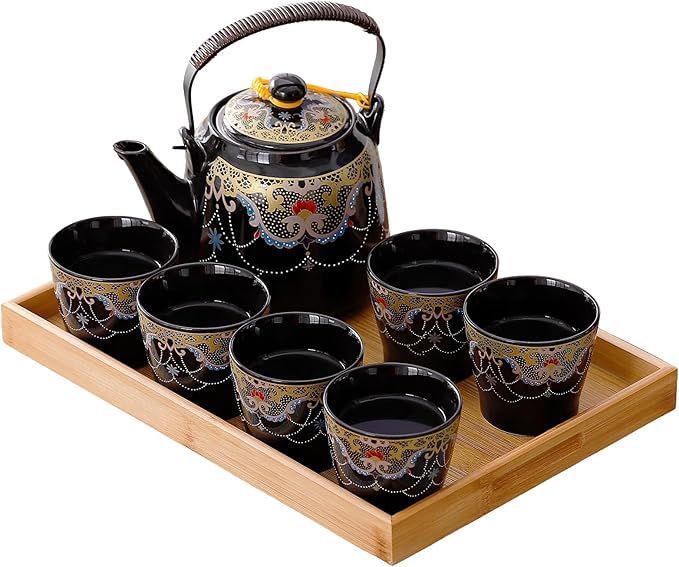 Japanese Tea Set for Adults, Japanese Teapot Set with 1 Teapot (32oz/920ml), 6 Tea cups (4.5oz/130ml), 1 Tea Tray, 1 Stainless Infuser, Kiln altered glaze Porcelain tea set (Jeweled Necklace)