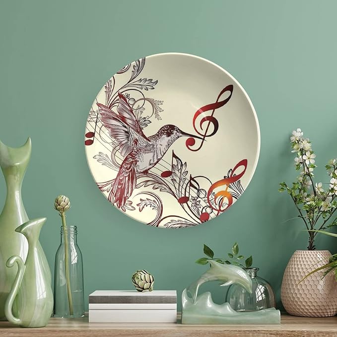 XISUNYA 6 Inch Decorative Plate, Hummingbirds Porcelain Plate, Flying Bird Musical Print Ceramic Wall Hanging Decor Accessory for Dining Table Tabletop Home Decor