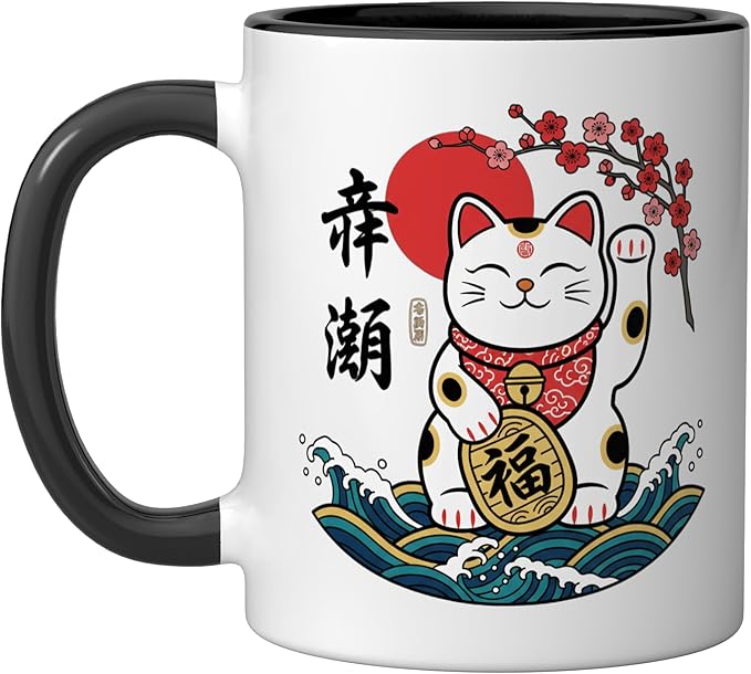 Cat Japanese Lucky Maneki Cat, Lucky Cat With & Bloss Ceramic Mug, Black/White