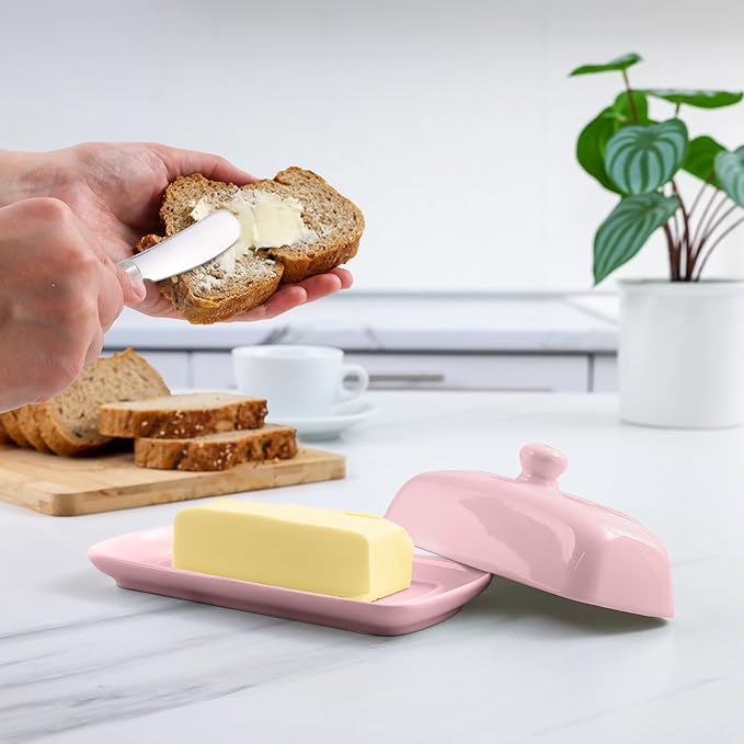 Zulay Butter Dish With Lid For Countertop - Porcelain Pink, Ceramic Butter Dish with Knob Handle Great for Cooking - Elegant Design Butter Holder - Durable & Sturdy Butter Keeper - Pink