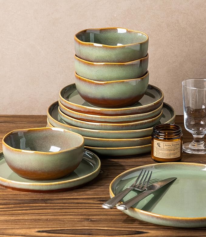 TheTerra Ceramic Dinnerware Sets for 4, 12 Pieces Handmade Reactive Glaze Plates and Bowls Sets, Scratch Resistant Dish Set, Oven & Microwave & Dishwasher Safe, Brown Green