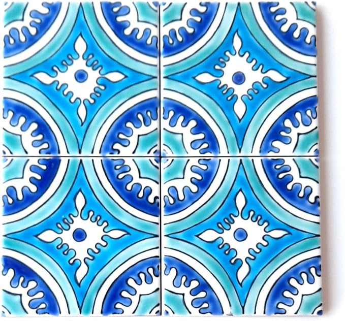 DŸARI Decorative Ceramic Tiles – Hand Painted Indoor & Outdoor Floor Tiles – Spanish Artisan Tile Top Kitchen – Mediterranean Decorative Tiles 4” × 4” – Durable Colorful Floor Tiles – 140 g (Eau V 5)