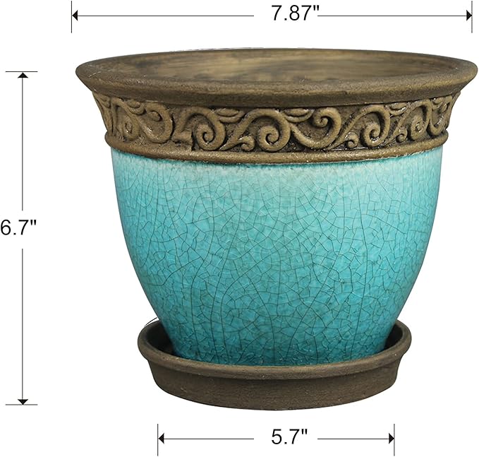 Southern Patio Cadiz 8 Inch Diameter Crackled Glazed Ceramic Indoor Outdoor Garden Planter Pot Urn with Saucer for Flowers, Herbs, and Plants, Teal