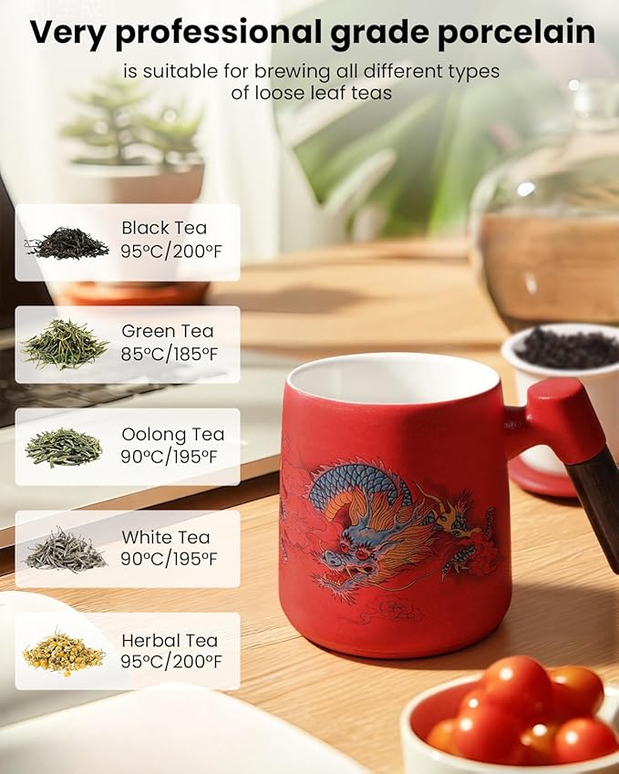 Ceramic Tea Cup with Infuser and Lid, 13.5 oz Tea Mug for Loose Leaf Tea,Wood Handle,Chinese Dragon Design,All Porcelain Strainer,BPA-Free, Perfect for Tea Lovers/Birthday/Easter (Red）