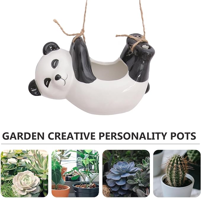 Ceramic Panda Animal Planter Pot Hanging Flowerpot for Indoor Succulents Bonsai Container Home Office Garden Decoration