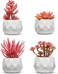 Nordik Set of 4 Desk Plants - Office Decor for Women Desk, Indoor, Living Room, Bedroom, Home and Desk Decor – Pink Faux Succulents in white Geometric Ceramic Planters