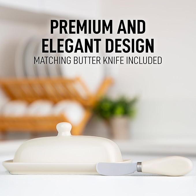 Zulay Butter Dish With Lid For Countertop - Porcelain Ivory, Ceramic Butter Dish with Knob Handle Great for Cooking - Elegant Design Butter Holder - Durable & Sturdy Butter Keeper - Ivory