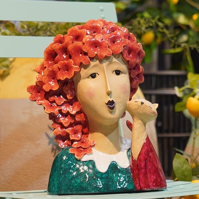 DiliComing Garden-Statues Women-Head Statues for Home Decor - 13 Inch Women with Cat Modern Art Statue, Resin Cat Sculptures for Patio, Tabletop, Bedroom, Office, Garden Home Décor (Red)
