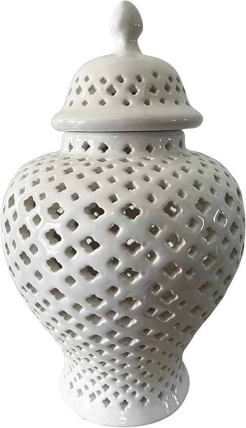 Noori Home - 100% Modern Glam Artisan Ceramic ELLA Small White Ginger Jar Urns with Lid 6.5x6.5x11