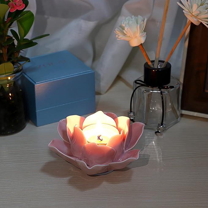 OwnMy 4.5 Inch Ceramic Lotus Flower Tea Light Holder Lotus Petals Candle Holder Candlestick, Votive Flower Tealight Candle Holder Candle Lamps Holder with Gift Box for Home Decor Wedding Party (Pink)
