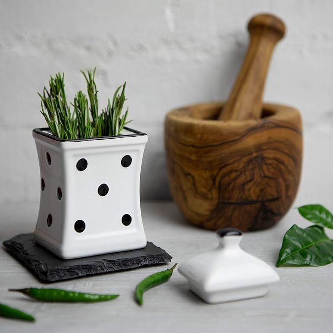 City to Cottage Handmade Small 5.3oz/150ml Ceramic Kitchen Herb, Spice, Storage Jar with Lid, Pottery Canister, Housewarming Gift (White and Black Polka Dot)