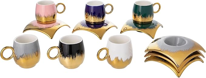 Turkish Coffee Cup Set of 6 with Saucers & Tray - Luxury Arabic Greek Japanese Marble Ceramic Tea Cups for Espresso Cappuccino Latte Mocha, Ideal Gift - 6.7oz,- Assorted Colors
