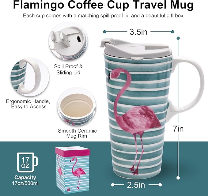 Topadorn Ceramic Travel Coffee Cup with Lid Ceramic Mug with Gift Box, Unique Coffee Mug for Latte & Hot Chocolate, Holiday Office Gift Her Him, Flamingo