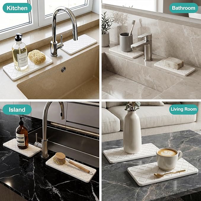 Small Fast Quick Dry Bathroom Counter Tray Water Absorbing Stone Trays for Sink Soap Dish Dispenser Sponge Holder Diatomite Stone Drying Mat for Kitchen Sink Tray White Bathroom Vanity Organizer Decor