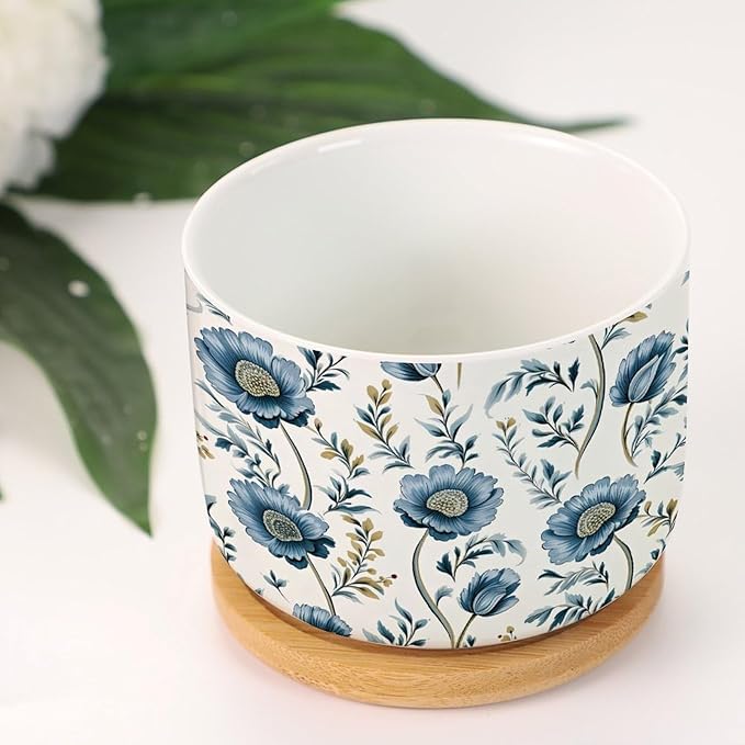 Mughal Flower Ceramics Planter Set of 5 Chinoiserie Blue Floral Cactus Pot for Indoor with Drainage Holes Oriental Chinoiserie Small Succulents Plant Pot