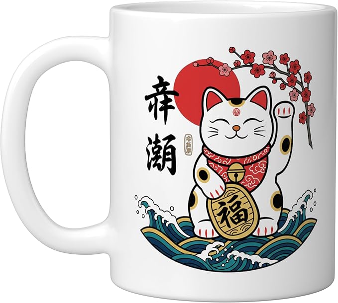 Cat Japanese Lucky Maneki Cat, Lucky Cat With & Bloss Ceramic Mug, White