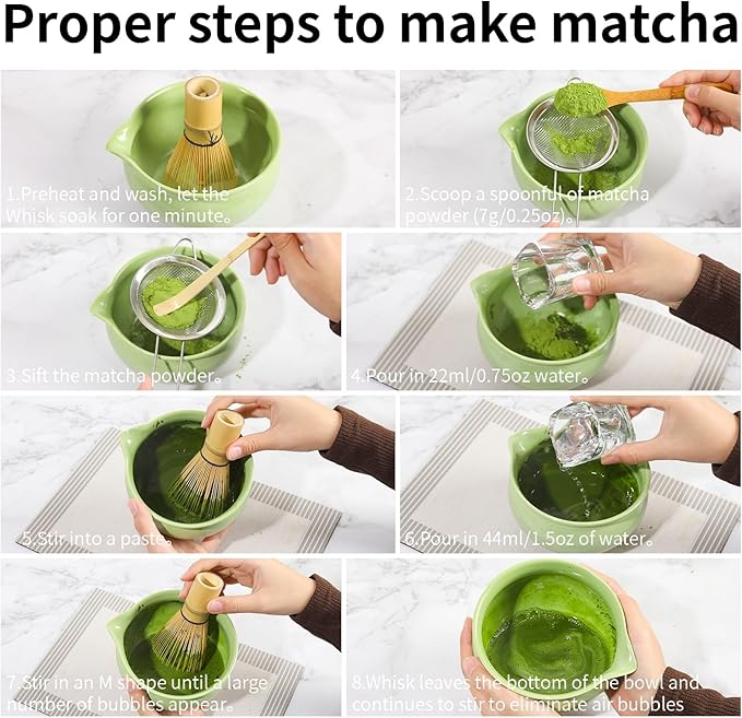 12 Pcs Matcha Whisk Set - Matcha Set Includes Ceramics Matcha Bowl and Cup, Matcha Kit for Ceremony Making Tools, Gift for Family/Friend （green）