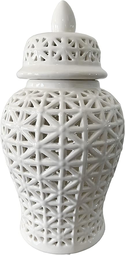 Noori Home - 100% Modern Glam Artisan Ceramic ARIA Small White Ginger Jar Urns with Lid 7.5x7.5x14.5