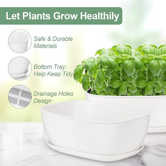 Set of 8 White Oval Shallow Herb Garden Planters with Drainage Holes and Trays (8.66 Inch) Plant Pots for Herbs Basil Orchids Succulents, Modern Herb Garden Planter for Indoor/Outdoor Plants