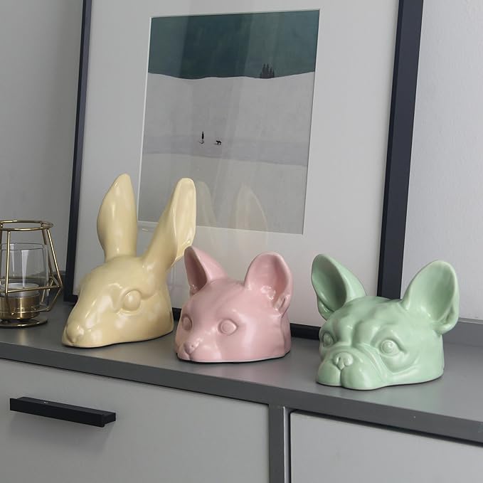 Pink Cat Head Sculpture, Handmade Ceramic Cat Figurines for Shelf Decor, Cute Desk Decor for Cat Lovers, Home Office Decor and Unique Gift (Pink, 4.7x4.5x3.6 in)