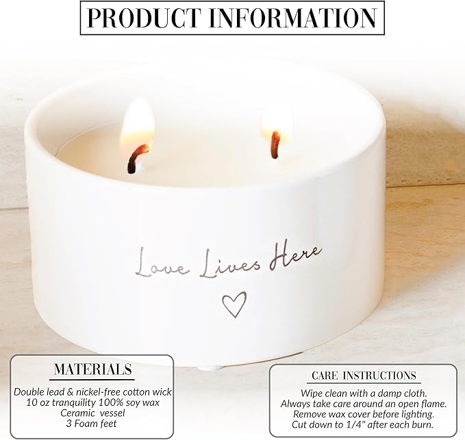Pavilion Gift Company - Love Lives Here - 10 oz Soy Wax Ceramic Vessel Candle Housewarming Apartment-Warming Gift Present Neutral Home Decor