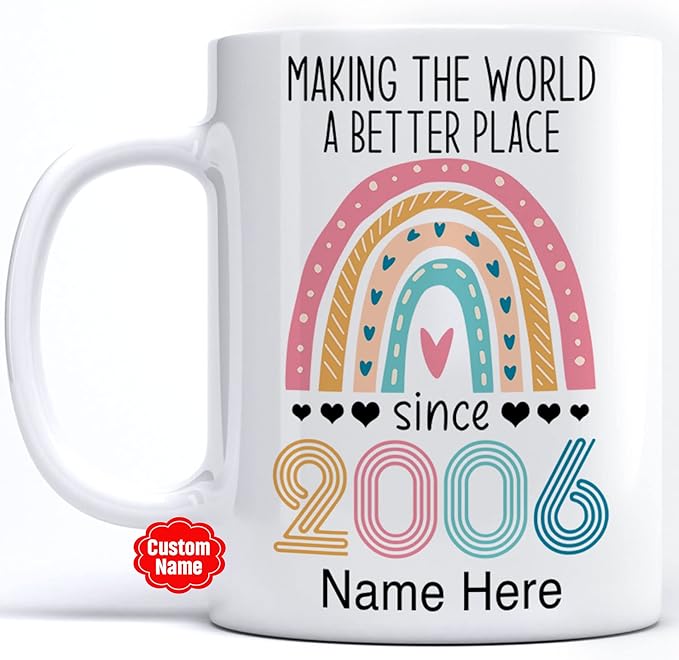 PREZZY Vintage 17th Birthday Mug Gifts for Women Men Making the World a Better Place Since 2006 Boho Rainbow Turning 17 Years Old Birthday Decorations Personalized Mugs Novelty Coffee Cup 11oz 15oz