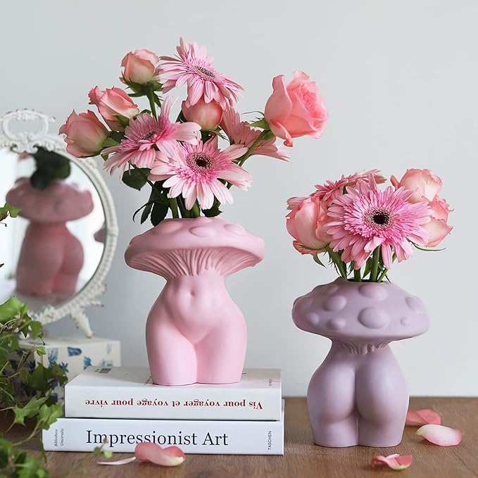 GUGUGO Mushroom Female Body Vase for Decor,Quirky Unique Cute and Funny Boho Decor for Home and Bathroom,Mushroom Butt Vase for Flower,Modern Home Aesthetics for Decorating, White