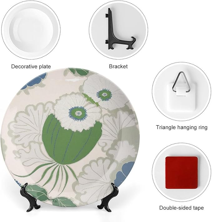 Chinoiserie Floral Green Plant Decorative Plate, Flowers Fruit White Leaves Customize Bone China Decorative Plate for Office Home Club Decor, Unique Art with Stand Art Decor for Festival