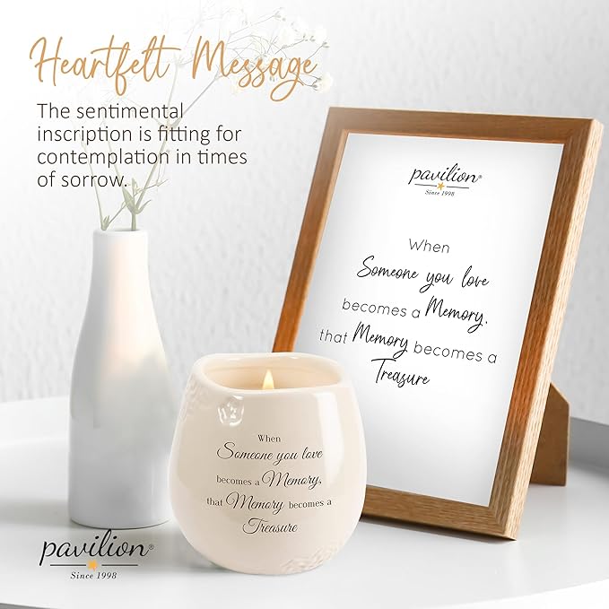 Pavilion - 8 Oz Candle Holder - Cream Beige Ceramic Candle Vessel with 100% Soy Wax, Tranquility Scent When Someone You Love Becomes A Memory Remembrance Gift - Printed Text, Love Theme, Round Shape