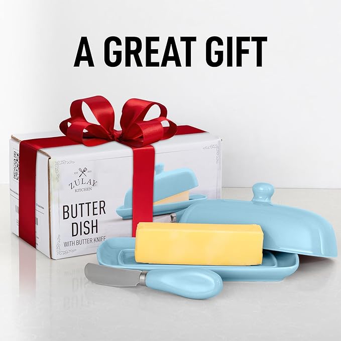 Zulay Kitchen Butter Dish With Lid For Countertop - Porcelain Blue, Ceramic Butter Dish with Knob Handle Great for Cooking - Elegant Design Butter Holder - Durable & Sturdy Butter Keeper - Light Blue