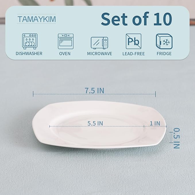 TAMAYKIM 10-Piece Small Square Porcelain Dessert Plates Set - 7.5 Inch Ceramic Appetizer & Dinner Plates, Microwave, Oven & Dishwasher Safe, Scratch Resistant, White