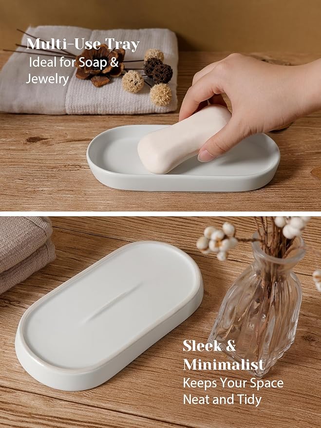 INGOFIN 3 Pcs Ceramic Bathroom Accessory Set - Liquid Soap Dispenser, Toothbrush Holder & Tray, Bathroom Counter Set, Countertop Essentials for Home, Guest Bathroom, or Office Use, White